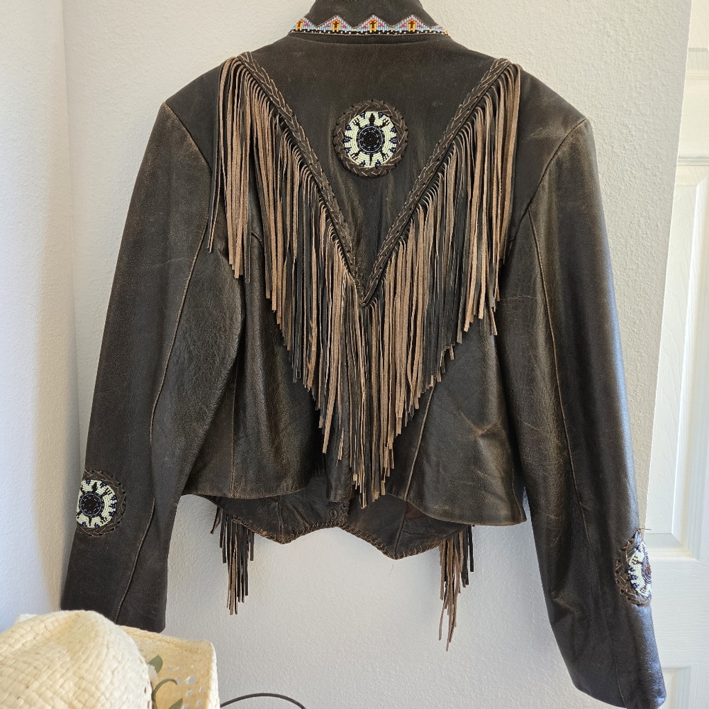 Hand beaded genuine leather jacket with fringe